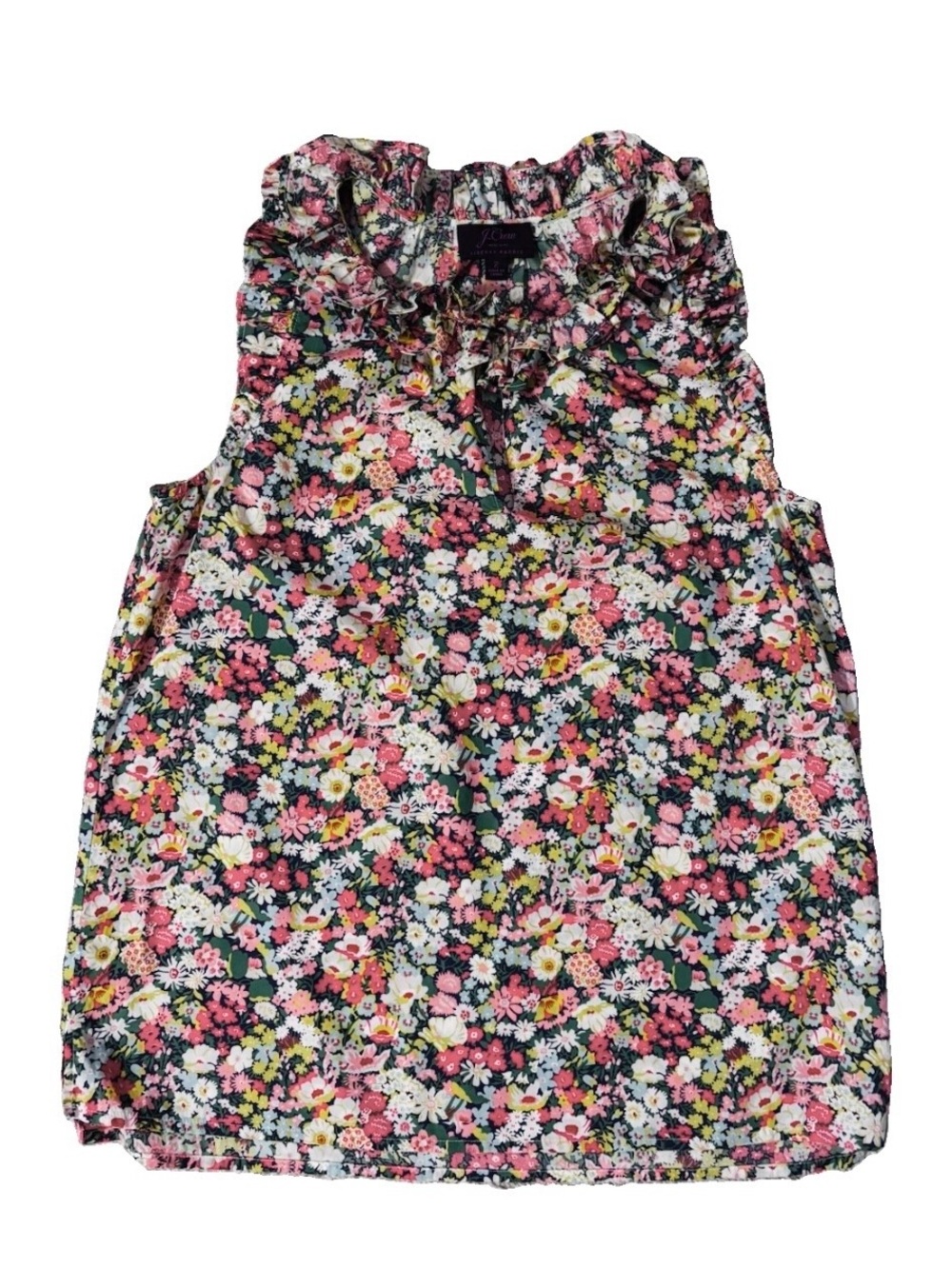 J Crew Liberty Thorpe Floral Ruffle Tank Top Cotton V Keyhole Cottage Sz 2 - Picture 4 of 9